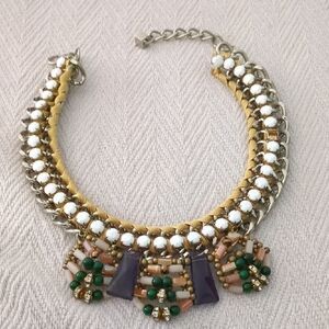 Anthropologie Statement Beaded Bib Necklace in Gold, White, Purple, Green